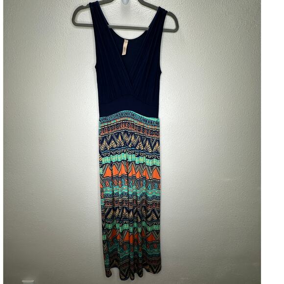 Gilli Navy Blue Teal Orange Multi Print Faux Wrap V-Neck Sleeveless Maxi Dress M - Picture 3 of 14